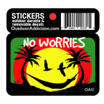 "No Worries" sunrise- Rasta Colors 2.5 x 1.5 inches cell phone sticker Mark your cell phone or any other item with these great designs sized perfectly for items like computers especially cell phones but works bigger items like your car too! Dimensions: 2.5" x 1.5 inch -printed vinyl -Outdoor durable and ultra removable -Waterproof